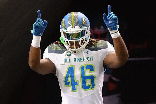 Jan 2, 2015; St. Petersburg, FL, USA; Team Highlight linebacker Malik Jefferson (46) runs on to the field during the introductions at the 2015 Under Armour All-America Game at Tropicana Field. Mandatory Credit: Jonathan Dyer-USA TODAY Sports
