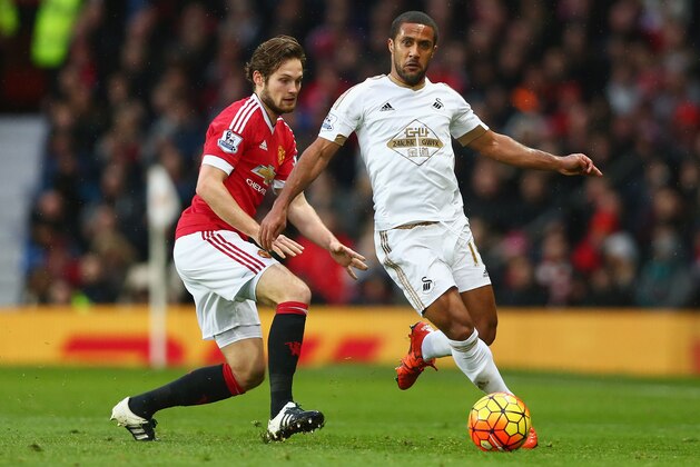 MANCHESTER, ENGLAND - JANUARY 02:  Wayne Routledge of Swansea City and Daley Blind of Manchester United compete for the ball during the Barclays Premier League match between Manchester United and Swansea City at Old Trafford on January 2, 2016 in Manchester, England.  (Photo by Clive Brunskill/Getty Images)