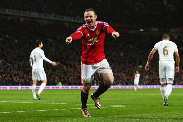 MANCHESTER, ENGLAND - JANUARY 02:  Wayne Rooney of Manchester United celebrates scoring his team's second goal during the Barclays Premier League match between Manchester United and Swansea City at Old Trafford on January 2, 2016 in Manchester, England.  (Photo by Alex Livesey/Getty Images)