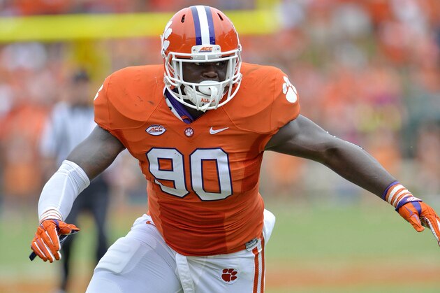 Clemson's Shaq Lawson rushes a play during the second half of an NCAA college football  game against Appalachian State Saturday,  Sept. 12, 2015,  in Clemson, S.C. Clemson won 41-10. (AP Photo/Richard Shiro)
