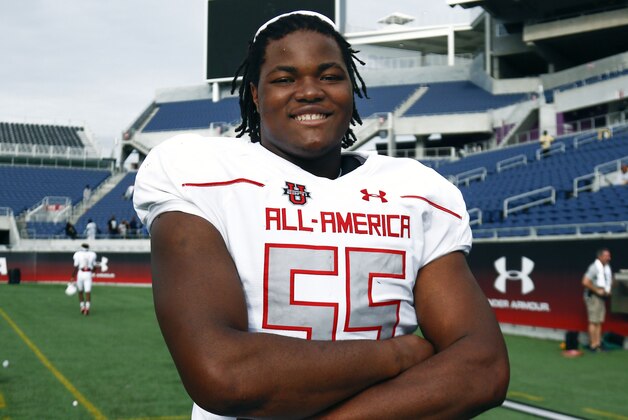 Jan 2, 2016; Orlando, FL, USA; Team Highlight's Rashan Gary won the defensive MVP trophy following the 2016 Under Armour All-American Game at Orlando Citrus Bowl. Team Highlight beat Team Armour 27-0. Mandatory Credit: Reinhold Matay-USA TODAY Sports
