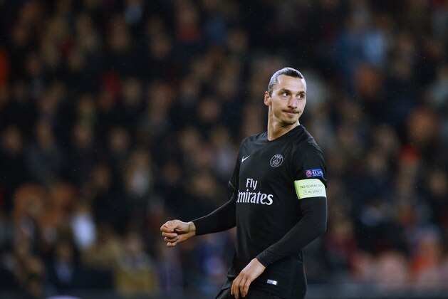 PSG's Zlatan Ibrahimovic reacts during the Champions League Group A soccer match between PSG and FC Shakhtar Donetsk at the Parc des Princes stadium in Paris, Tuesday, Dec. 8, 2015. (AP Photo/Francois Mori)