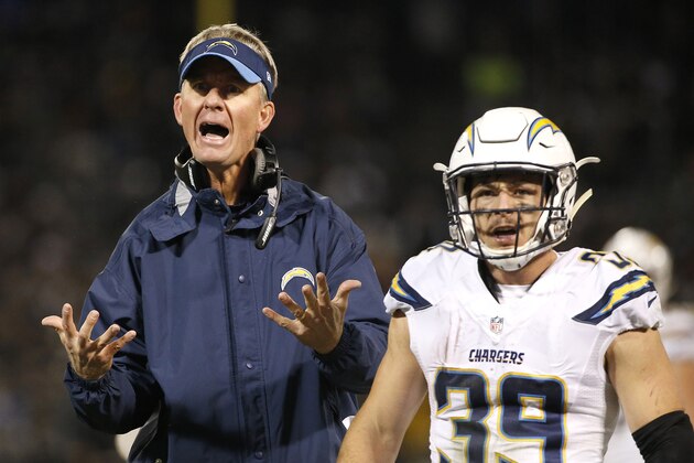 San Diego Chargers head coach Mike McCoy gestures next to running back Danny Woodhead (39) during the second half of an NFL football game against the Oakland Raiders in Oakland, Calif., Thursday, Dec. 24, 2015. (AP Photo/Tony Avelar)