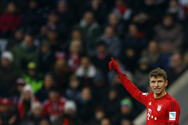 Bayern's Thomas Mueller gestures during the German Bundesliga soccer match between FC Bayern Munich and Hertha BSC Berlin at the Allianz Arena stadium in Munich, Germany, Saturday, Nov. 28, 2015. (AP Photo/Matthias Schrader)