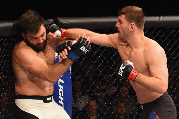 LAS VEGAS, NV - JANUARY 02: (R-L) Stipe Miocic punches Andrei Arlovski in their heavyweight bout during the UFC 195 event inside MGM Grand Garden Arena on January 2, 2016 in Las Vegas, Nevada. (Photo by Josh Hedges/Zuffa LLC/Zuffa LLC via Getty Images) LAS VEGAS, NV - JANUARY 02: (R-L) Stipe Miocic punches Andrei Arlovski in their heavyweight bout during the UFC 195 event inside MGM Grand Garden Arena on January 2, 2016 in Las Vegas, Nevada. (Photo by Josh Hedges/Zuffa LLC/Zuffa LLC via Getty Images)