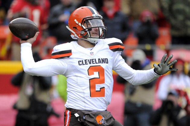 FILE - In this Dec. 27, 2015, file photo, Cleveland Browns quarterback Johnny Manziel (2) throws during the first half of an NFL football game against the Kansas City Chiefs in Kansas City, Mo. Manziel's footwork, decision making and grasp of a pro offense improved significantly in his second season. But now that it is over, the Browns want him to concentrate on his off-field issues. (AP Photo/Ed Zurga, File)
