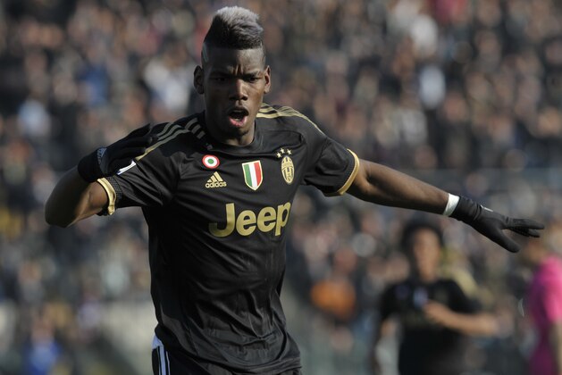 Juventus’ Paul Pogba celebrates after scoring a goal during a Serie A soccer match against Carpi, at Modena's Braglia stadium, Italy, Sunday, Dec. 20, 2015. (AP Photo/Marco Vasini)