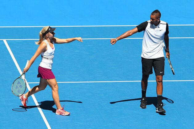 PERTH, AUSTRALIA - JANUARY 03: Daria Gavrilova and Nick Kyrgios of Australia Green celebrate winning a game in the mixed doubles match against Alexander Zverev and Sabine Lisicki of Germany during day one of the 2016 Hopman Cup at Perth Arena on January 3, 2016 in Perth, Australia.  (Photo by Paul Kane/Getty Images)