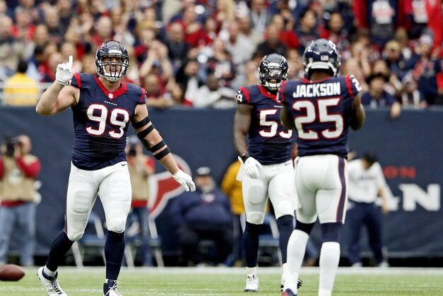 Jan 3, 2016; Houston, TX, USA; Houston Texans defensive end J.J. Watt (99) reacts during the first quarter against the Jacksonville Jaguars at NRG Stadium. Mandatory Credit: Kevin Jairaj-USA TODAY Sports