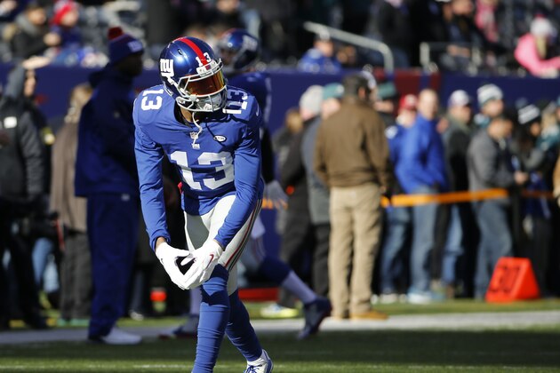 New York Giants wide receiver Odell Beckham (13) warms up before playing against the Philadelphia Eagles in an NFL football game, Sunday, Jan. 3, 2016, in East Rutherford, N.J. (AP Photo/Kathy Willens)