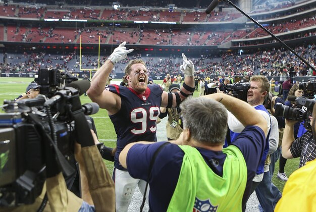 Jan 3, 2016; Houston, TX, USA; Houston Texans defensive end J.J. Watt (99) celebrates after defeating the Jacksonville Jaguars 30-6 at NRG Stadium. Mandatory Credit: Troy Taormina-USA TODAY Sports