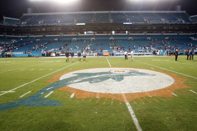 The Miami Dolphins original logo is painted on Sun Life Stadium during an NFL football game against the New York Giants, Monday, Dec. 14, 2015, in Miami Gardens, Fla.  (AP Photo/Wilfredo Lee)