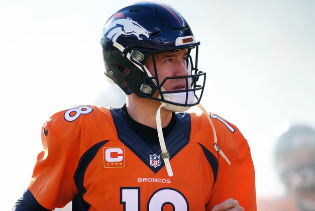 Jan 3, 2016; Denver, CO, USA; Denver Broncos quarterback Peyton Manning (18) before the game against the San Diego Chargers at Sports Authority Field at Mile High. Mandatory Credit: Chris Humphreys-USA TODAY Sports