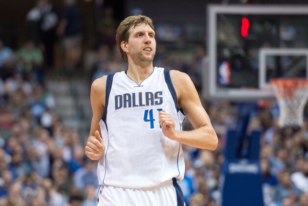Nov 5, 2015; Dallas, TX, USA; Dallas Mavericks forward Dirk Nowitzki (41) runs back up the court after making a basket against the Charlotte Hornets during the first half at the American Airlines Center. Mandatory Credit: Jerome Miron-USA TODAY Sports