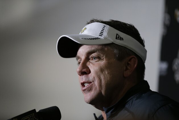 New Orleans Saints head coach Sean Payton speaks at a news conference after the second half of an NFL football game against the Atlanta Falcons, Sunday, Jan. 3, 2016, in Atlanta. The New Orleans Saints won 20-17. (AP Photo/David Goldman)