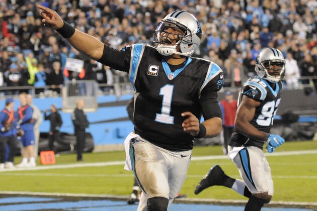 Carolina Panthers quarterback Cam Newton (1) celebrates a touchdown against the Tampa Bay Buccaneers in the first half of an NFL football game in Charlotte, N.C., Sunday, Jan. 3, 2016. (AP Photo/Mike McCarn)