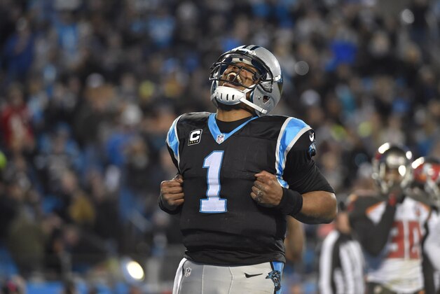 Jan 3, 2016; Charlotte, NC, USA; Carolina Panthers quarterback Cam Newton (1) reacts after scoring in the third quarter. The Panthers defeated the Buccaneers 31-10 at Bank of America Stadium. Mandatory Credit: Bob Donnan-USA TODAY Sports