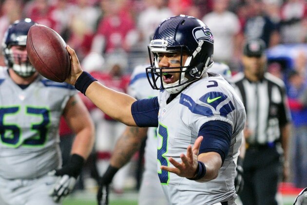 Jan 3, 2016; Glendale, AZ, USA; Seattle Seahawks quarterback Russell Wilson (3) reacts after not scoring a touchdown during the first half against the Arizona Cardinals at University of Phoenix Stadium. Mandatory Credit: Matt Kartozian-USA TODAY Sports