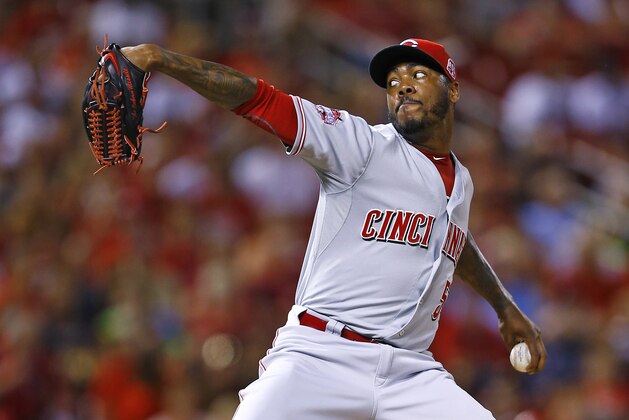 Cincinnati Reds relief pitcher Aroldis Chapman throws during a baseball game against the St. Louis Cardinals, Wednesday, July 29, 2015, in St. Louis. (AP Photo/Billy Hurst)