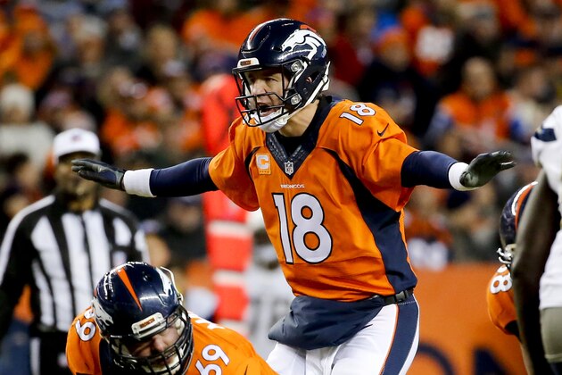 El quarterback Peyton Manning, de los Broncos de Denver, se prepara en una serie ofensiva en la segunda mitad del encuentro ante los Chargers de San Diego, el domingo 3 de enero de 2016, en Denver. (AP Photo/Jack Dempsey)