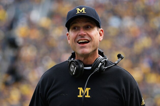 ANN ARBOR, MI - OCTOBER 17:  Head coach Jim Harbaugh of the Michigan Wolverines reacts during the college football game against the Michigan State Spartans at Michigan Stadium on October 17, 2015 in Ann Arbor, Michigan. The Spartans defeated the Wolverines 27-23.  (Photo by Christian Petersen/Getty Images)