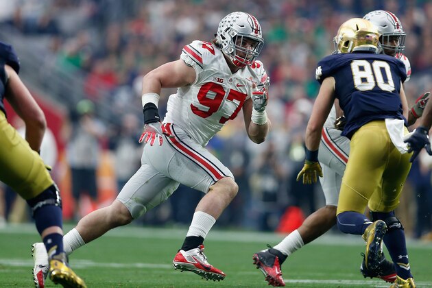 GLENDALE, AZ - JANUARY 01: Defensive lineman Joey Bosa #97 of the Ohio State Buckeyes runs during the first quarter of the BattleFrog Fiesta Bowl against the Notre Dame Fighting Irish at University of Phoenix Stadium on January 1, 2016 in Glendale, Arizona.  (Photo by Christian Petersen/Getty Images)