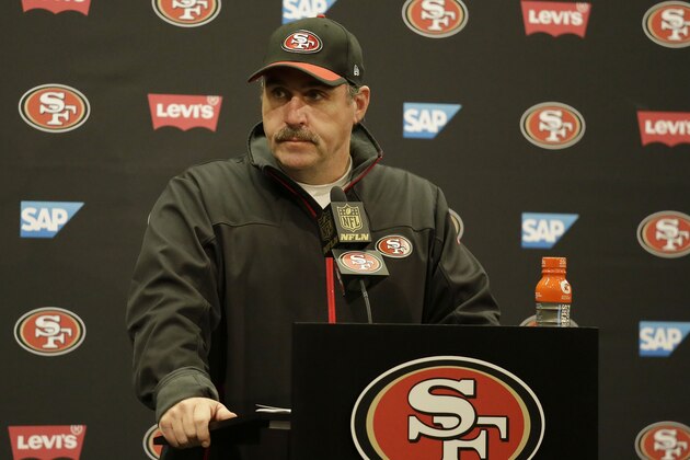 San Francisco 49ers head coach Jim Tomsula speaks at a news conference after an NFL football game against the Cincinnati Bengals in Santa Clara, Calif., Sunday, Dec. 20, 2015. (AP Photo/Eric Risberg)