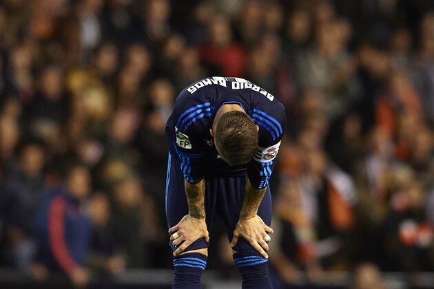 VALENCIA, SPAIN - JANUARY 03:  Sergio Ramos of Real Madrid reacts at the end of the La Liga match between Valencia CF and Real Madrid CF at Estadi de Mestalla on January 03, 2016 in Valencia, Spain.  (Photo by Manuel Queimadelos Alonso/Getty Images)