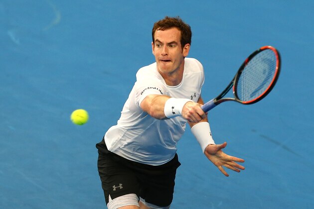 PERTH, AUSTRALIA - JANUARY 04:  Andy Murray of Great Britain plays a backhand in his singles match against Kenny De Schepper of France during day two of the 2016 Hopman Cup at Perth Arena on January 4, 2016 in Perth, Australia.  (Photo by Paul Kane/Getty Images)