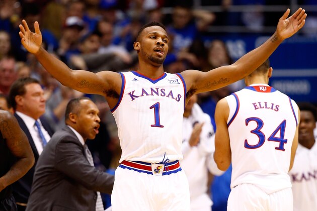 LAWRENCE, KS - JANUARY 02:  Wayne Selden Jr. #1 of the Kansas Jayhawks reacts after scoring during the game against the Baylor Bears at Allen Fieldhouse on January 2, 2016 in Lawrence, Kansas.  (Photo by Jamie Squire/Getty Images)