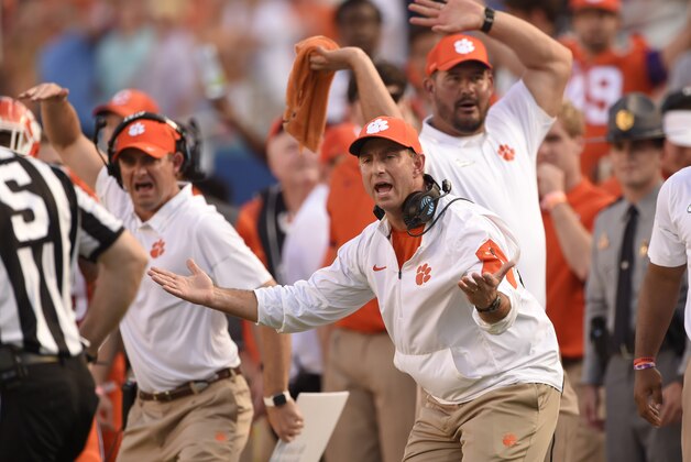 Dec 31, 2015; Miami Gardens, FL, USA; Clemson Tigers head coach Dabo Swinney questions a call by an official in the first quarter of the 2015 CFP Semifinal against the Oklahoma Sooners t the Orange Bowl at Sun Life Stadium. Mandatory Credit: John David Mercer-USA TODAY Sports