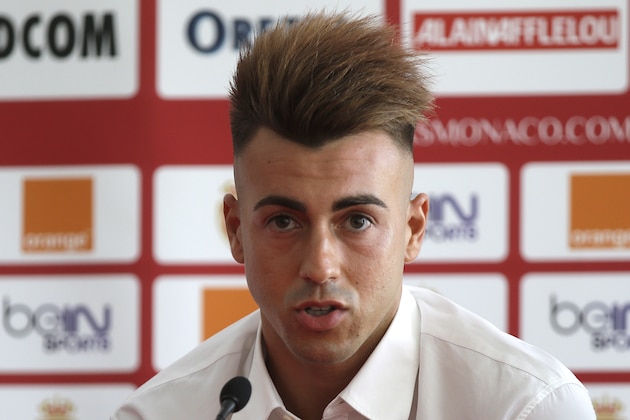 Italian footballer Stephan El Shaarawy  answers to the questions of Journalists during his presentation to the press, in Monaco, Friday, July 24, 2015. Stephan El Shaarawy  plays as a striker for Ligue 1 club Monaco on loan from Milan and the Italy national team. (AP Photo/Lionel Cironneau)