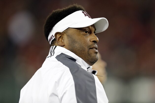 Texas A&M head coach Kevin Sumlin watches the action in the first  half of the Music City Bowl NCAA college football game against Louisville Wednesday, Dec. 30, 2015, in Nashville, Tenn. (AP Photo/Mark Humphrey)