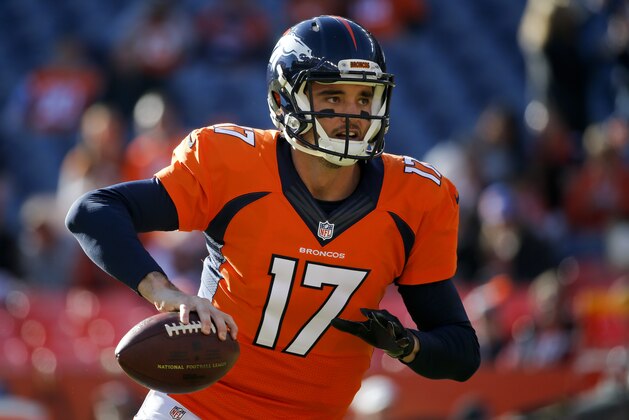 Denver Broncos quarterback Brock Osweiler warms up before an NFL football game against the San Diego Chargers, Sunday, Jan. 3, 2016, in Denver. (AP Photo/Jack Dempsey)