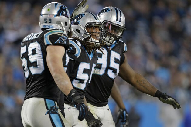 Carolina Panthers outside linebacker Shaq Green-Thompson, center, is congratulated by defensive end Charles Johnson (95) and middle linebacker Luke Kuechly (59) in the second half of an NFL football game against the Tampa Bay Buccaneers in Charlotte, N.C., Sunday, Jan. 3, 2016. (AP Photo/Bob Leverone)