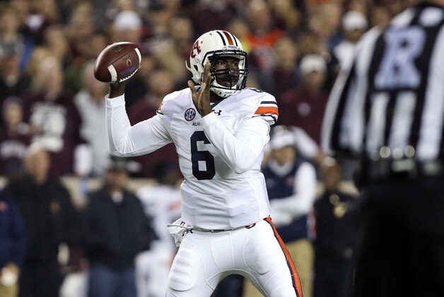Nov 7, 2015; College Station, TX, USA; Auburn Tigers quarterback Jeremy Johnson (6) attempts a pass against the Texas A&M Aggies during the first quarter at Kyle Field. Mandatory Credit: Troy Taormina-USA TODAY Sports