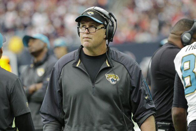 Jacksonville Jaguars assistant coach Doug Marrone is shown during the first half an NFL football game Sunday, Jan. 3, 2016, in Houston. (AP Photo/David J. Phillip)