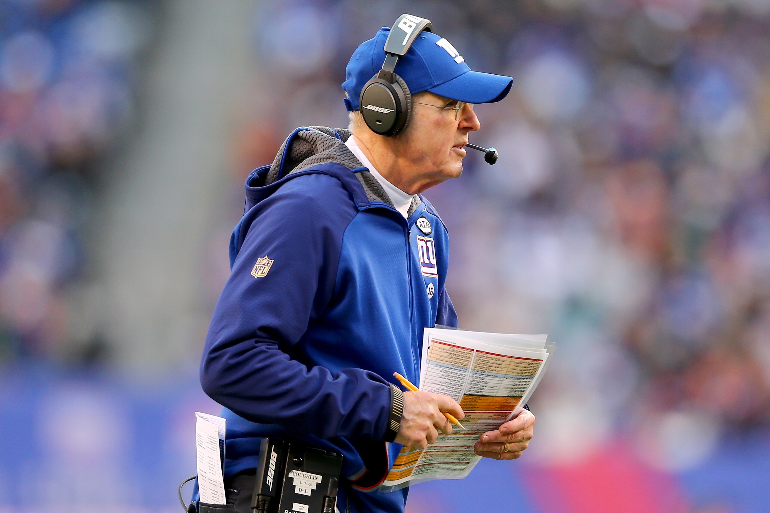 EAST RUTHERFORD, NJ - JANUARY 03:  Head coach Tom Coughlin of the New York Giants directs his players in the second half against the Philadelphia Eagles at MetLife Stadium on January 3, 2016 in East Rutherford, New Jersey.The Philadelphia Eagles defeated the New York Giants 35-30.  (Photo by Elsa/Getty Images)
