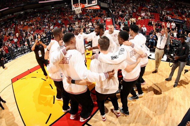 MIAMI, FL - JANUARY 4: The Miami Heat huddle up before the game against the Indiana Pacers on January 4, 2016 at American Airlines Arena in Miami, Florida.  NOTE TO USER: User expressly acknowledges and agrees that, by downloading and or using this Photograph, user is consenting to the terms and conditions of the Getty Images License Agreement. Mandatory Copyright Notice: Copyright 2016 NBAE (Photo by Oscar Baldizon/NBAE via Getty Images)