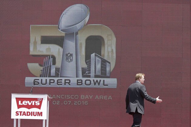 NFL Commissioner Roger Goodell walks off the stage after speaking on the opening day of Levi's Stadium Thursday, July 17, 2014, in Santa Clara, Calif. The San Francisco 49ers held a ribbon-cutting ceremony to officially open their new home. The $1.2 billion Levi's Stadium, which took only about 27 months to build, also will host the NFL Super Bowl in 2016 and other major events. (AP Photo/Eric Risberg)