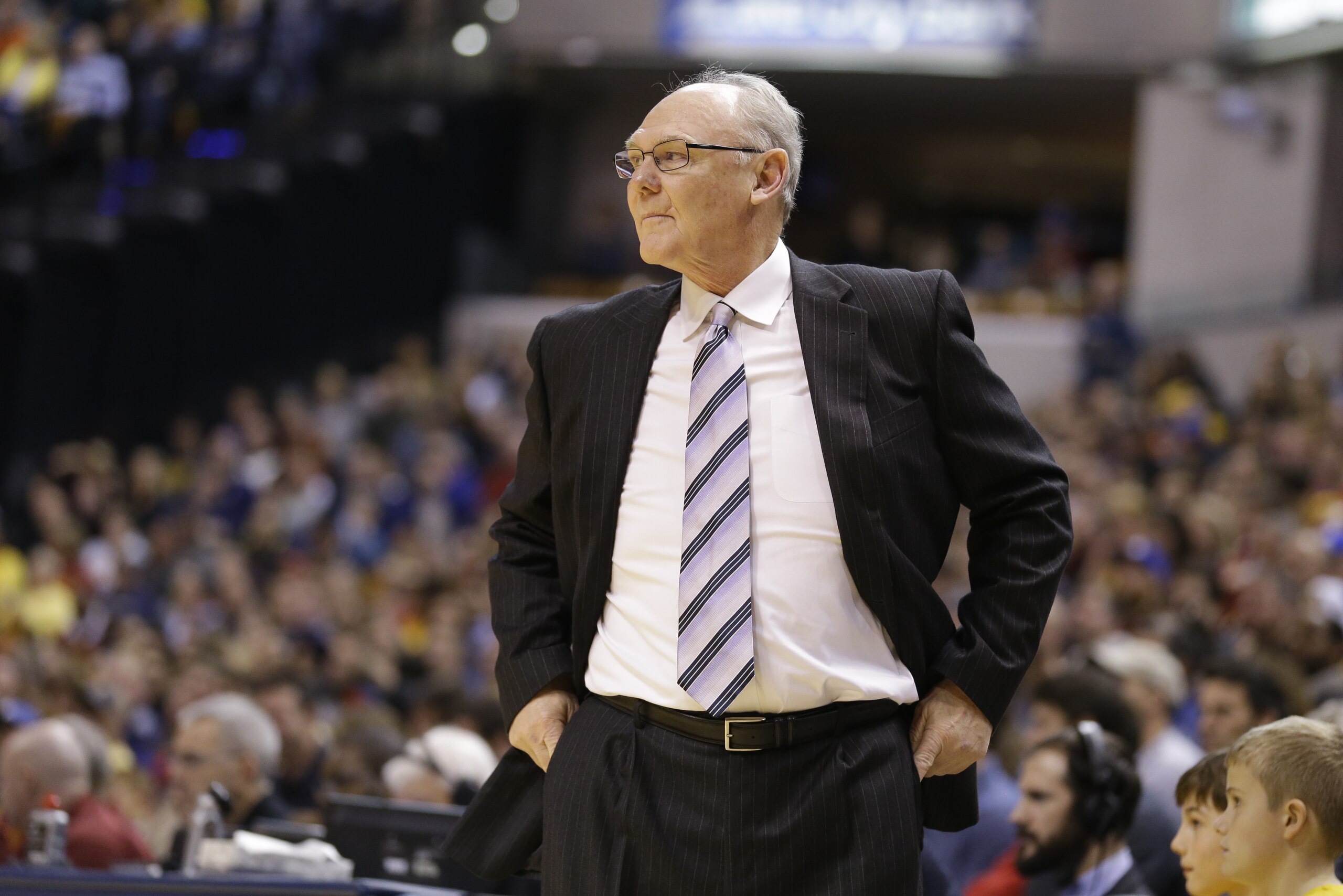 Sacramento Kings head coach George Karl during the first half of an NBA basketball game against the Indiana Pacers in Indianapolis, Wednesday, Dec. 23, 2015. (AP Photo/Michael Conroy)