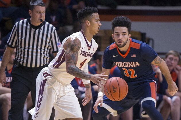 Virginia Tech guard Seth Allen (4) drives on Virginia guard London Perrantes (32) during the first half of an NCAA college basketball game Monday, Jan. 4, 2016, in Blacksburg, Va. (AP Photo/Don Petersen)