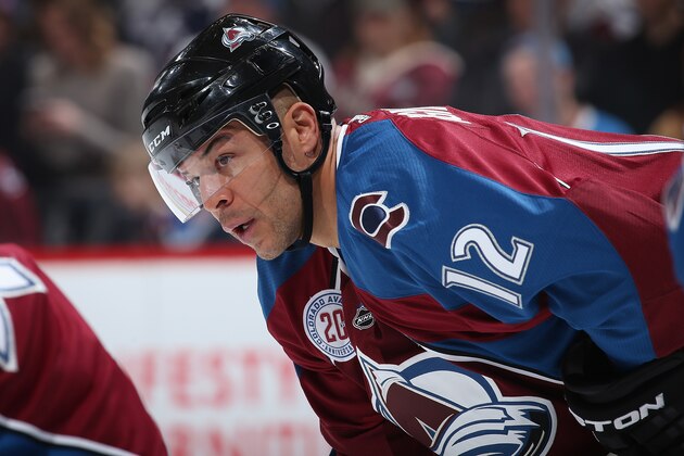 DENVER, CO - JANUARY 02:  Jarome Iginla #12 of the Colorado Avalanche awaits a face off against the Calgary Flames at Pepsi Center on January 2, 2016 in Denver, Colorado.  (Photo by Doug Pensinger/Getty Images)