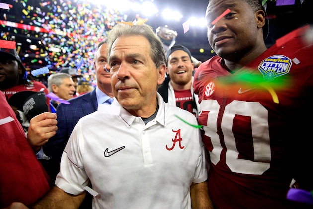 ARLINGTON, TX - DECEMBER 31:  Head coach Nick Saban of the Alabama Crimson Tide celebrates after defeating the Michigan State Spartans 38 to 0 in the Goodyear Cotton Bowl at AT&T Stadium on December 31, 2015 in Arlington, Texas.  (Photo by Jamie Squire/Getty Images)