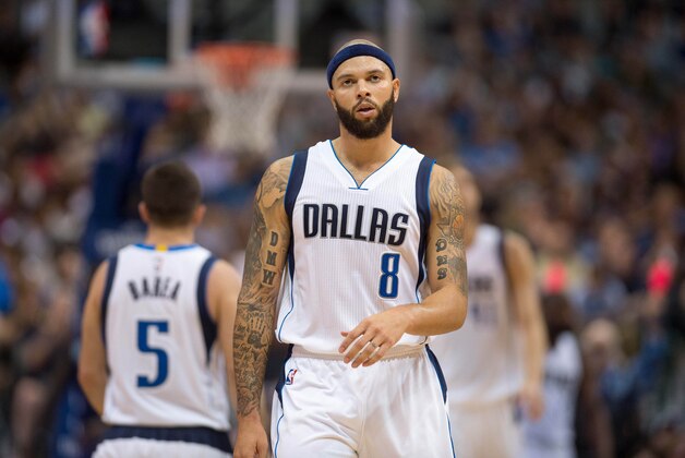 Nov 5, 2015; Dallas, TX, USA; Dallas Mavericks guard Deron Williams (8) walks back up the court during the second half against the Charlotte Hornets at the American Airlines Center. The Hornets defeat the Mavericks 108-94. Mandatory Credit: Jerome Miron-USA TODAY Sports