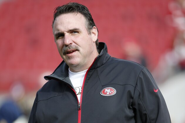 San Francisco 49ers head coach Jim Tomsula before an NFL football game against the St. Louis Rams in Santa Clara, Calif., Sunday, Jan. 3, 2016. (AP Photo/Tony Avelar)