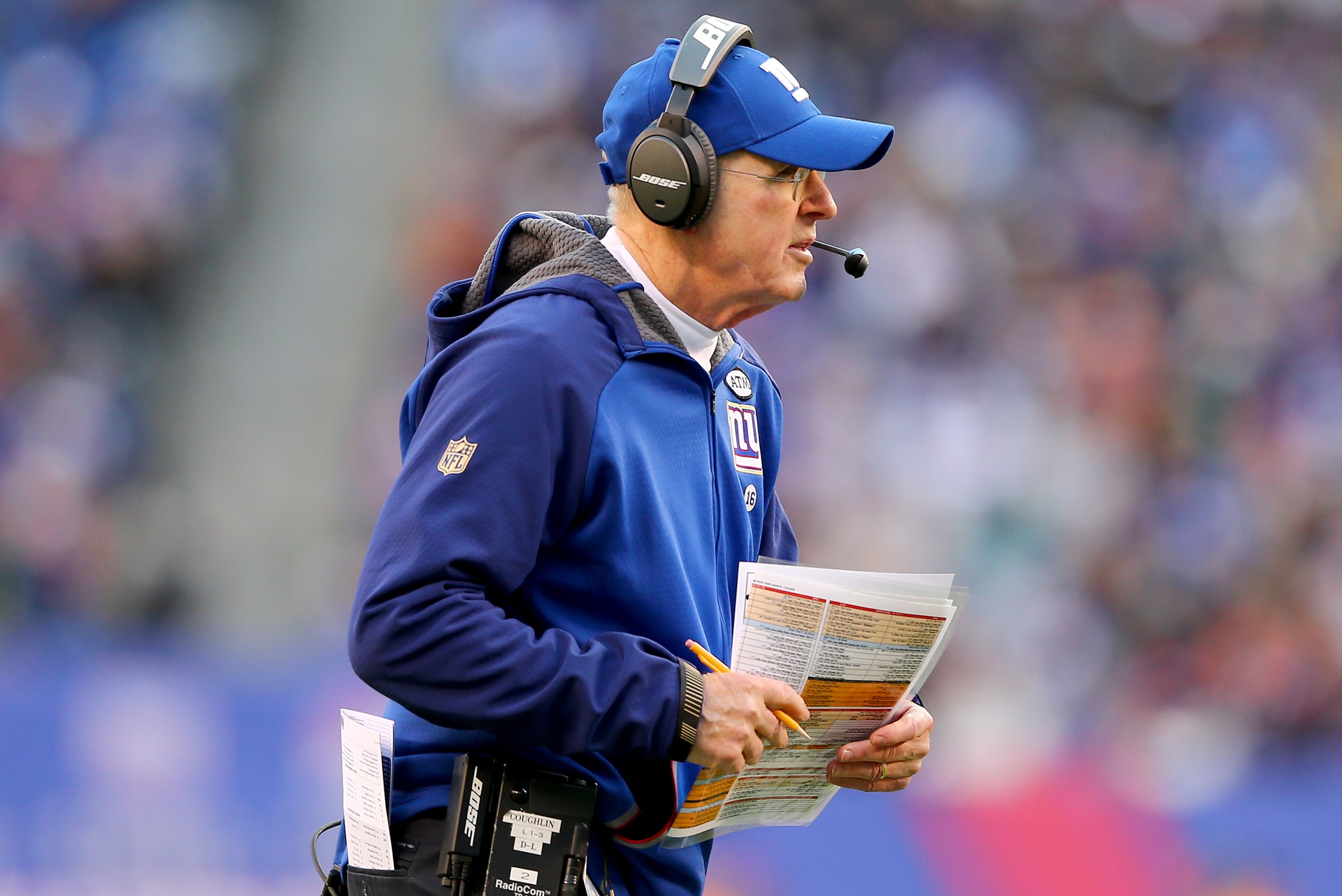 EAST RUTHERFORD, NJ - JANUARY 03: Head coach Tom Coughlin of the New York Giants directs his players in the second half against the Philadelphia Eagles at MetLife Stadium on January 3, 2016 in East Rutherford, New Jersey.The Philadelphia Eagles defeated the New York Giants 35-30. (Photo by Elsa/Getty Images) EAST RUTHERFORD, NJ - JANUARY 03: Head coach Tom Coughlin of the New York Giants directs his players in the second half against the Philadelphia Eagles at MetLife Stadium on January 3, 2016 in East Rutherford, New Jersey.The Philadelphia Eagles defeated the New York Giants 35-30. (Photo by Elsa/Getty Images)