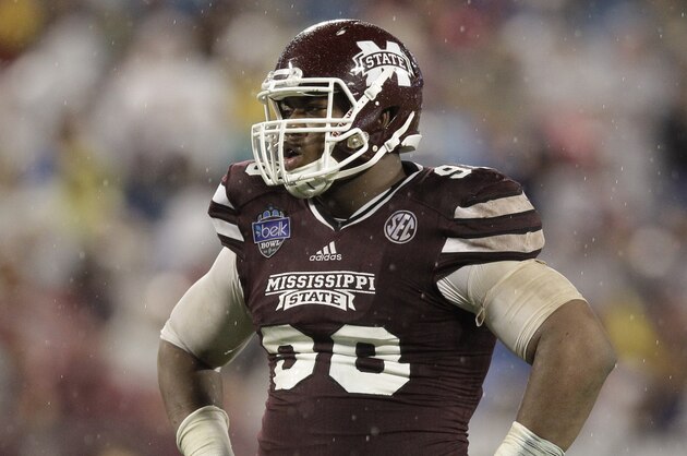 Mississippi State defensive lineman Chris Jones (98) prepares to run a play against North Carolina State in the second half of the Belk Bowl NCAA college football game in Charlotte, N.C., Wednesday, Dec. 30, 2015. Mississippi State won 51-28. (AP Photo/Nell Redmond)