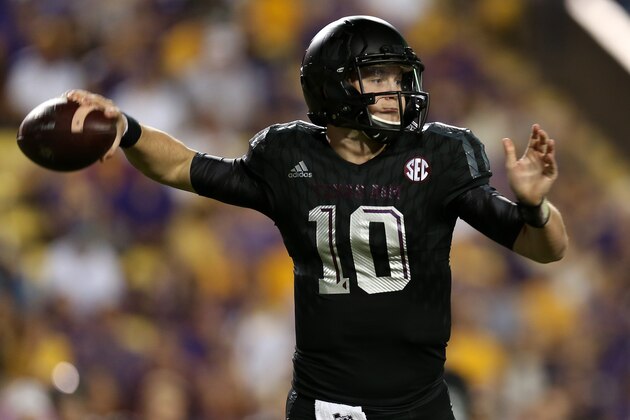BATON ROUGE, LA - NOVEMBER 28:  Kyle Allen #10 of the Texas A&M Aggies looks to throw a pass against the LSU Tigers at Tiger Stadium on November 28, 2015 in Baton Rouge, Louisiana.  (Photo by Chris Graythen/Getty Images)