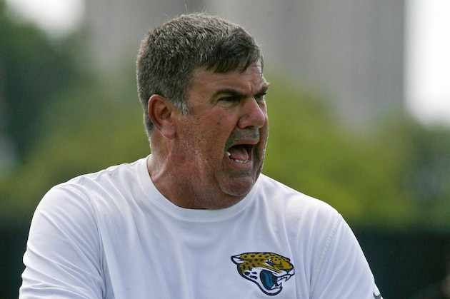 May 28, 2015; Jacksonville, FL, USA; Jacksonville Jaguars defensive coordinator Bob Babich reacts during OTAs at the Florida Blue Health and Wellness Practice Fields. Mandatory Credit: Phil Sears-USA TODAY Sports